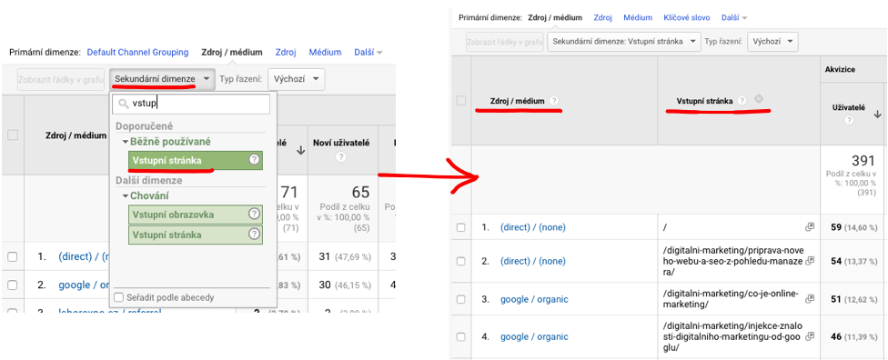 Přidání sekundární dimenze v Google Analytics